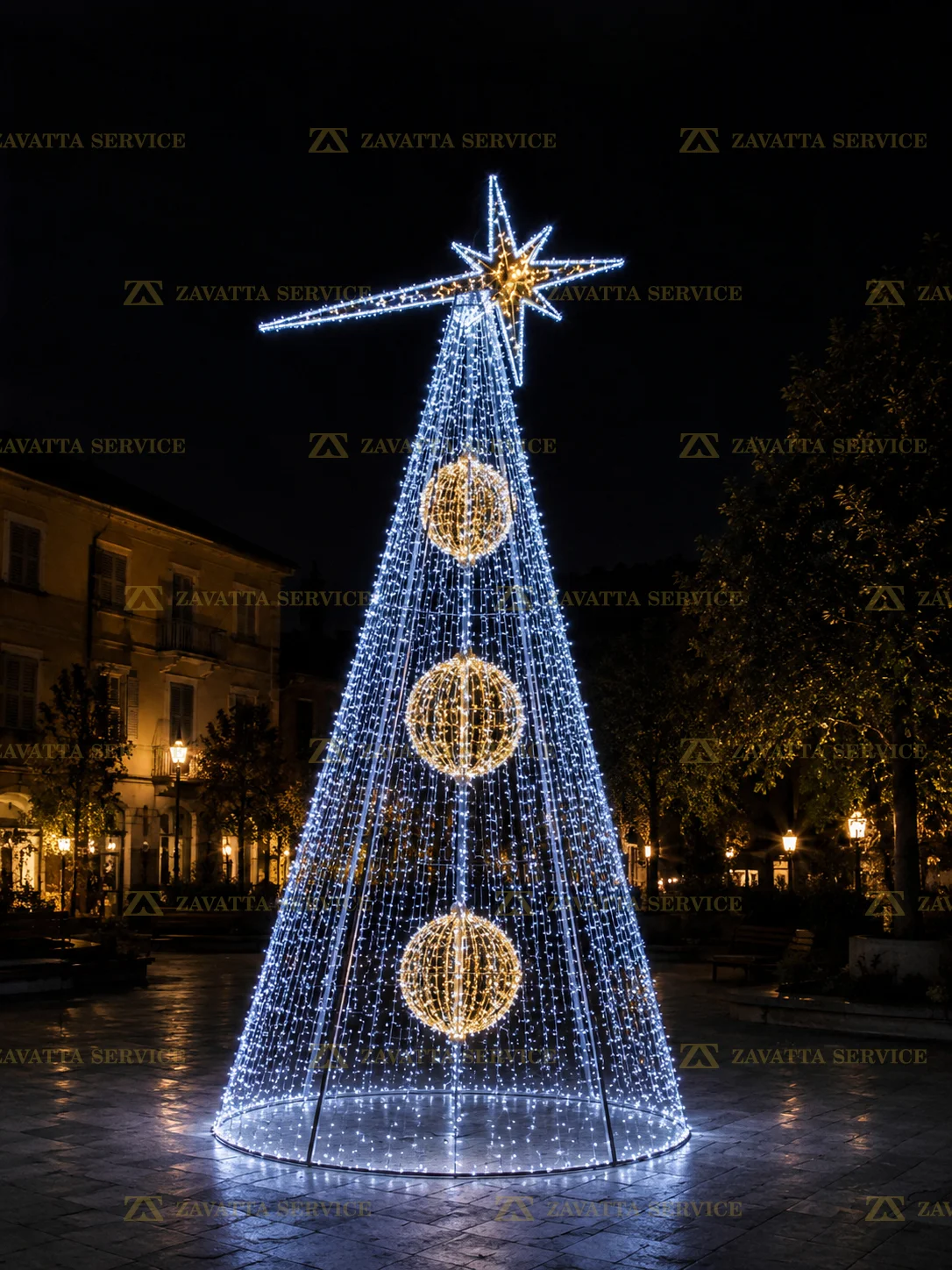 Albero di natale con 3 sfere interne e puntale intercambiabile 3D a noleggio